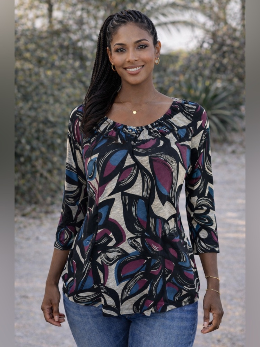 Laura Ashley Abstract Off-Shoulder Tunic in Black, Teal, Plum
